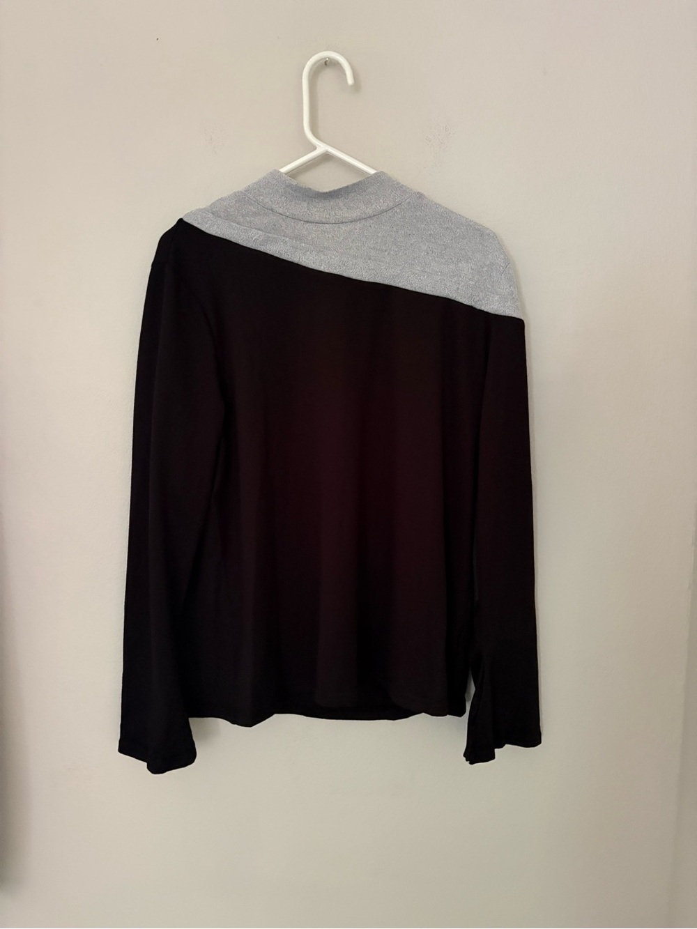 Asymmetrical Colorblock Knit Top Grey Black Mock Neck Flare Sleeve  2XL